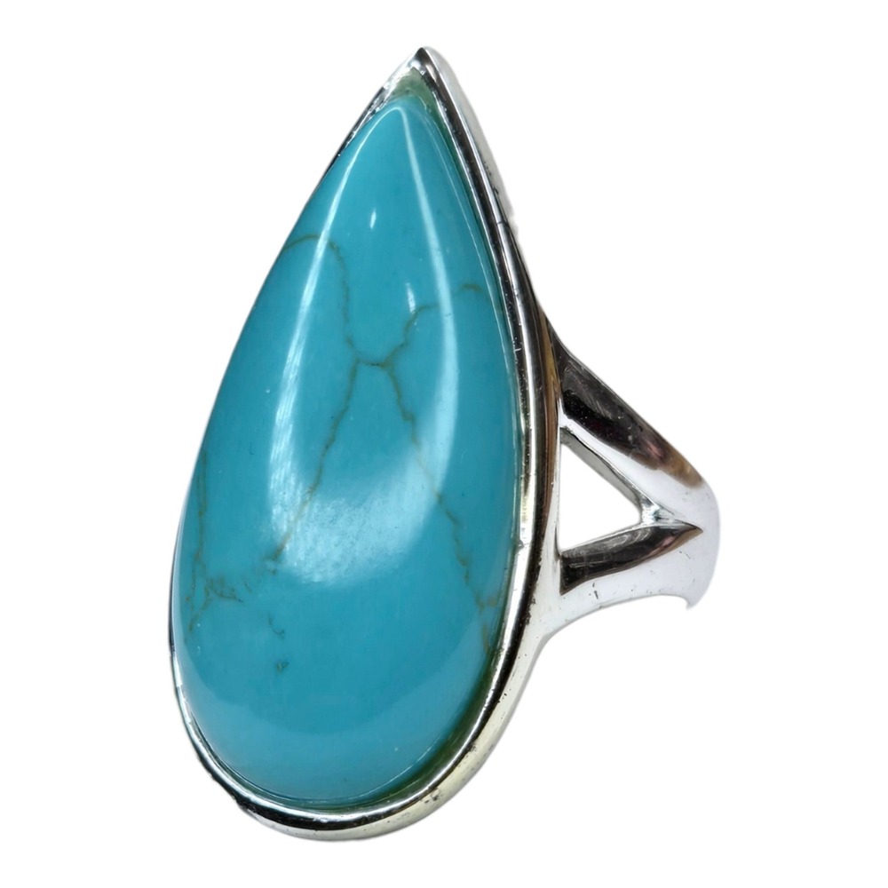 Vintage Ring Sterling Silver 925 Size 6 Blue Faux Turquoise Teardrop Split Shank